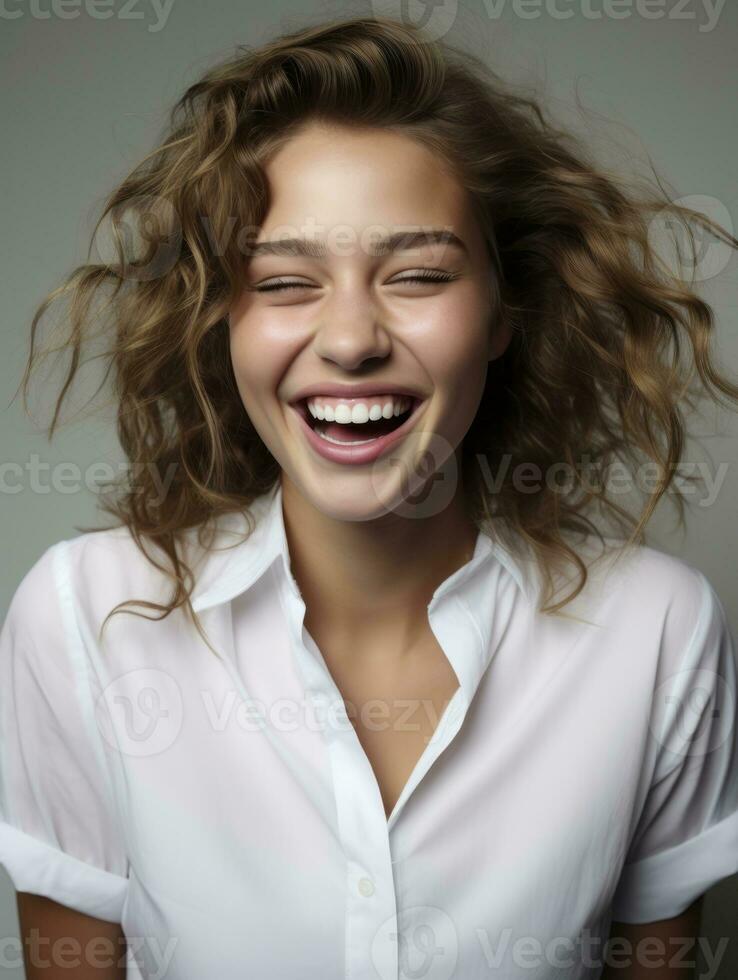 Happy European woman in casual clothing against a neutral background AI Generative photo