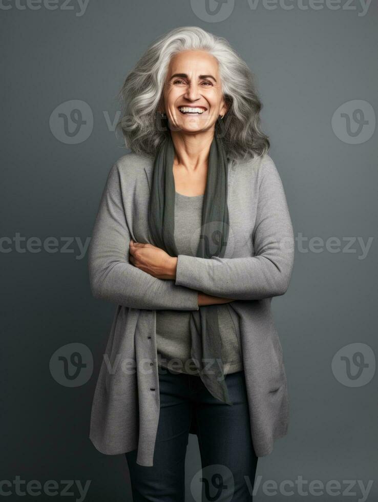 Happy European woman in casual clothing against a neutral background AI Generative photo