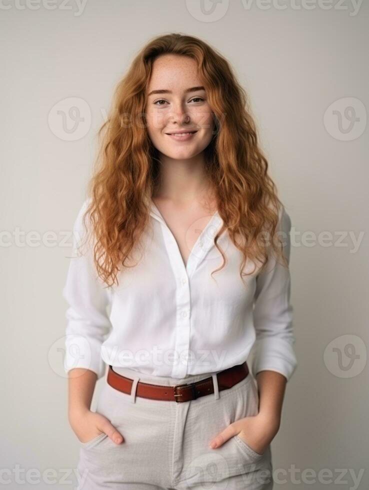 Happy European woman in casual clothing against a neutral background AI Generative photo