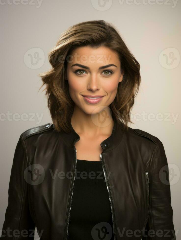 Happy European woman in casual clothing against a neutral background AI Generative photo