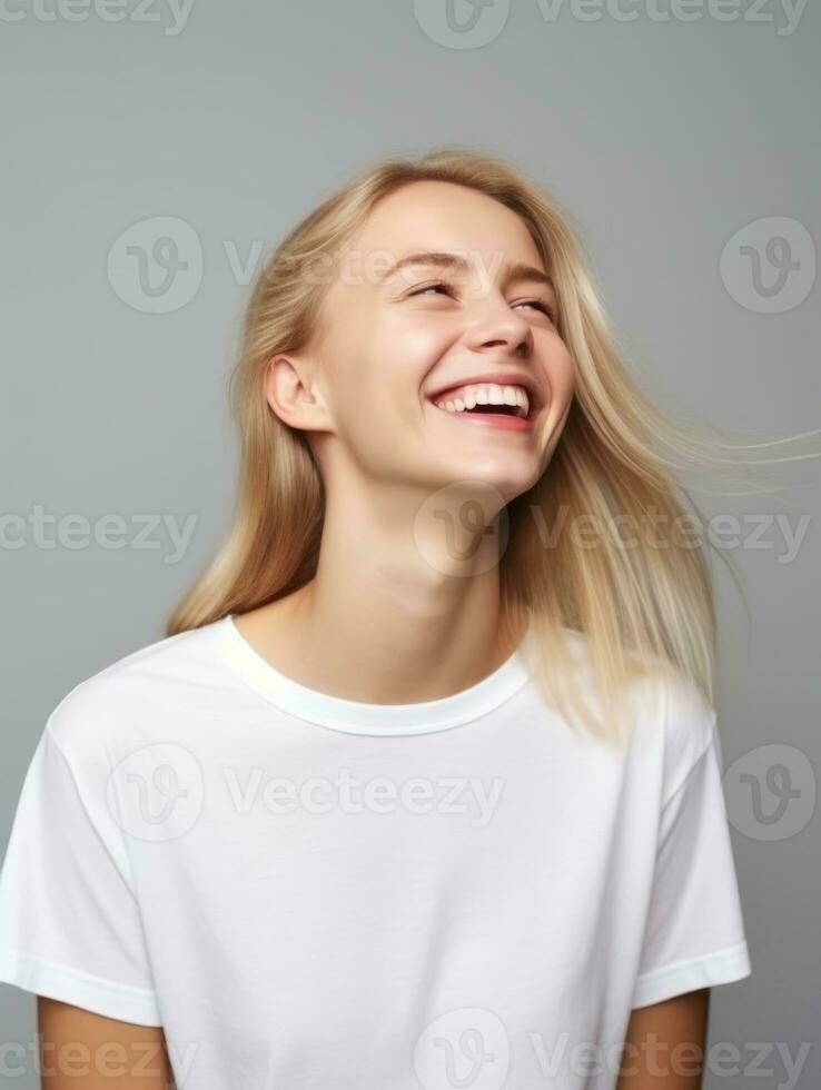 Happy European woman in casual clothing against a neutral background AI Generative photo