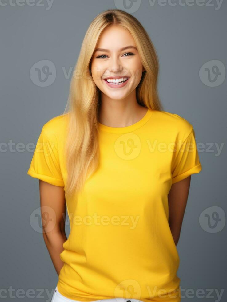 Happy European woman in casual clothing against a neutral background AI Generative photo