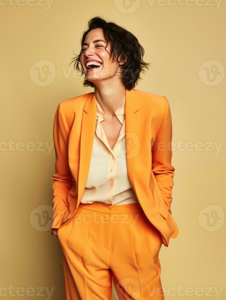 Happy European woman in casual clothing against a neutral background AI Generative photo