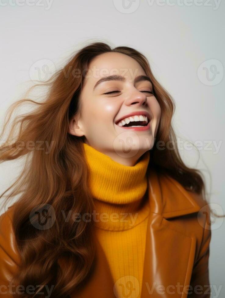 Happy European woman in casual clothing against a neutral background AI Generative photo