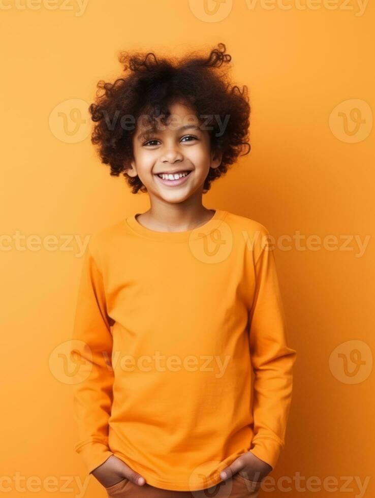 Happy Indian kid in casual clothing against a neutral background AI Generative photo