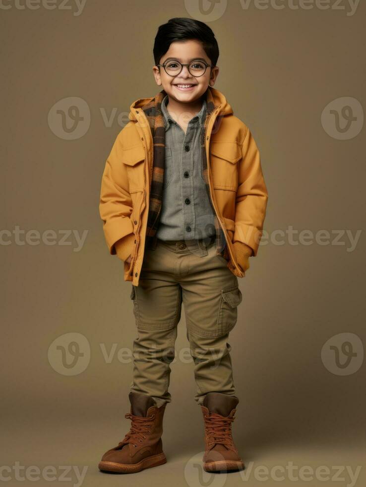 Happy Indian kid in casual clothing against a neutral background AI Generative photo