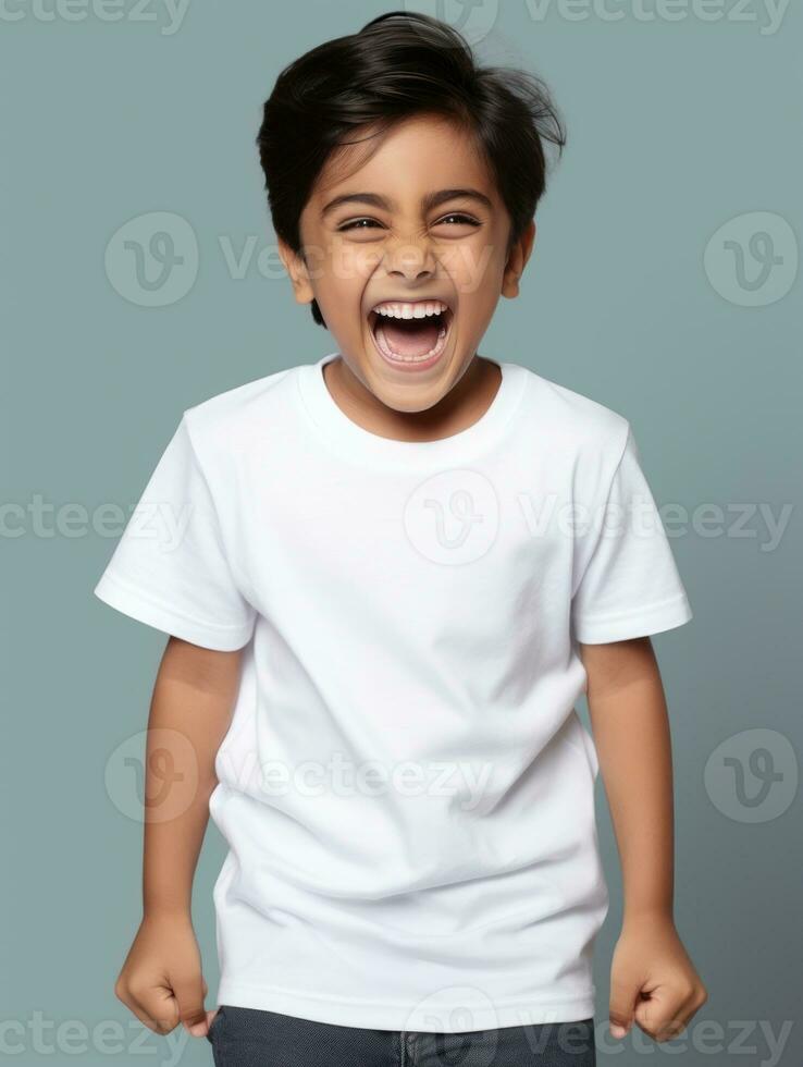 Happy Indian kid in casual clothing against a neutral background AI Generative photo