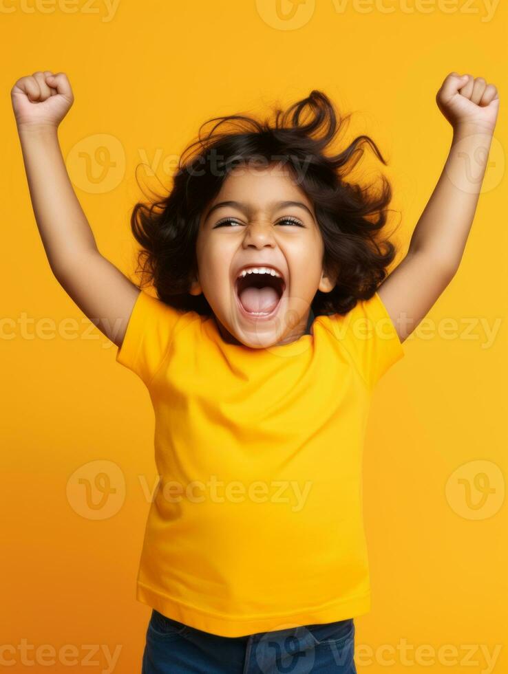 Happy Indian kid in casual clothing against a neutral background AI Generative photo