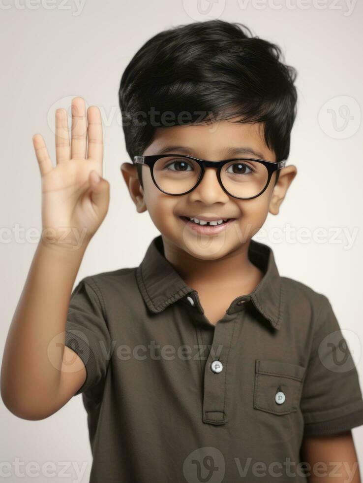 Happy Indian kid in casual clothing against a neutral background AI Generative photo