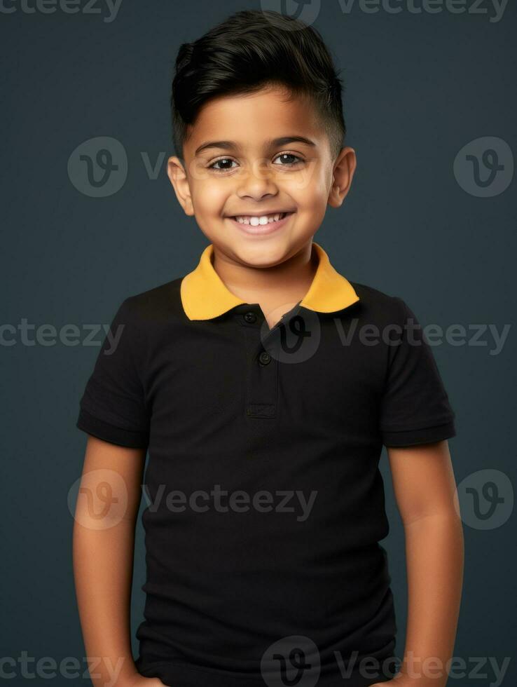 Happy Indian kid in casual clothing against a neutral background AI Generative photo
