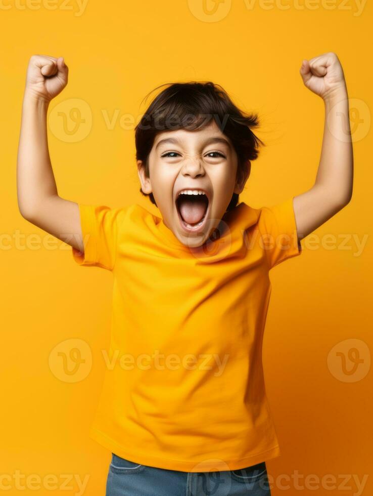 Happy Indian kid in casual clothing against a neutral background AI Generative photo