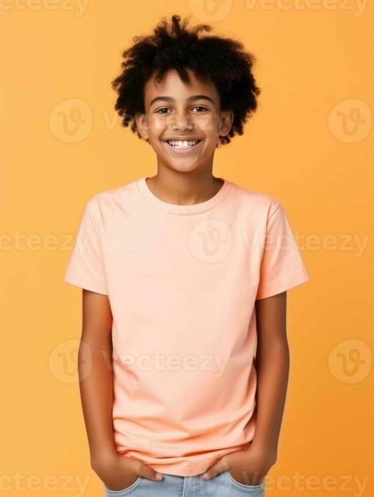 Happy Indian kid in casual clothing against a neutral background AI Generative photo