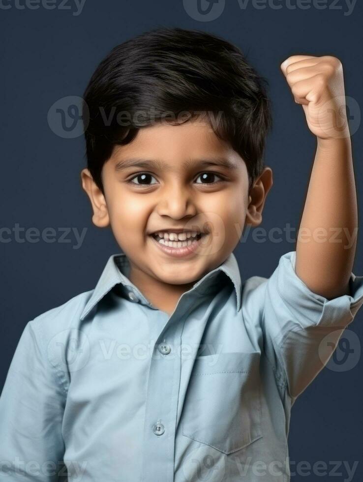 Happy Indian kid in casual clothing against a neutral background AI Generative photo