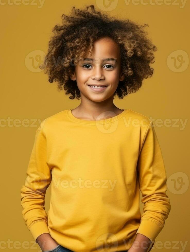 Happy Indian kid in casual clothing against a neutral background AI Generative photo