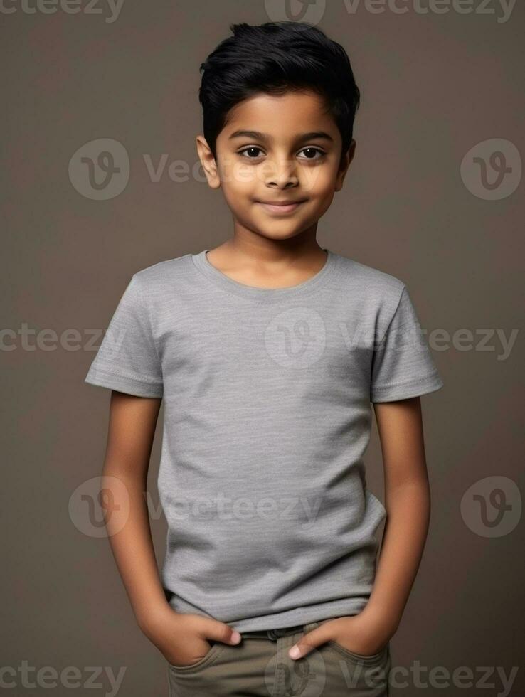 Happy Indian kid in casual clothing against a neutral background AI Generative photo