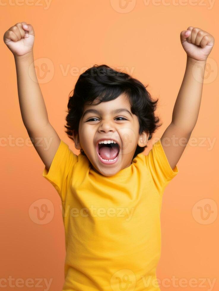 Happy Indian kid in casual clothing against a neutral background AI Generative photo