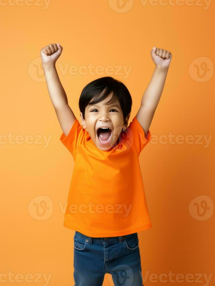 Happy Indian kid in casual clothing against a neutral background AI Generative photo