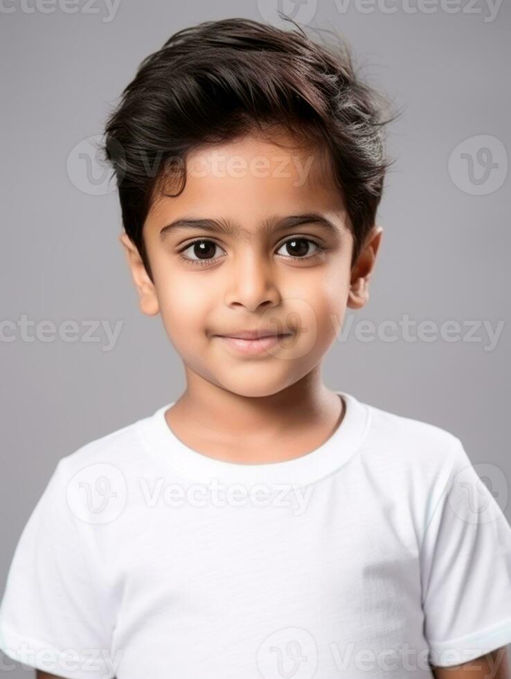 Happy Indian kid in casual clothing against a neutral background AI Generative photo