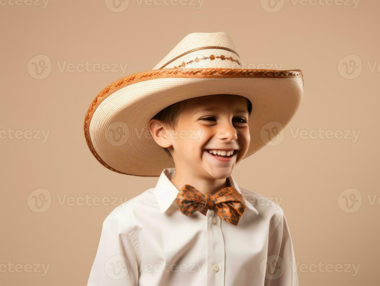 Happy Mexican kid in casual clothing against a neutral background AI Generative photo