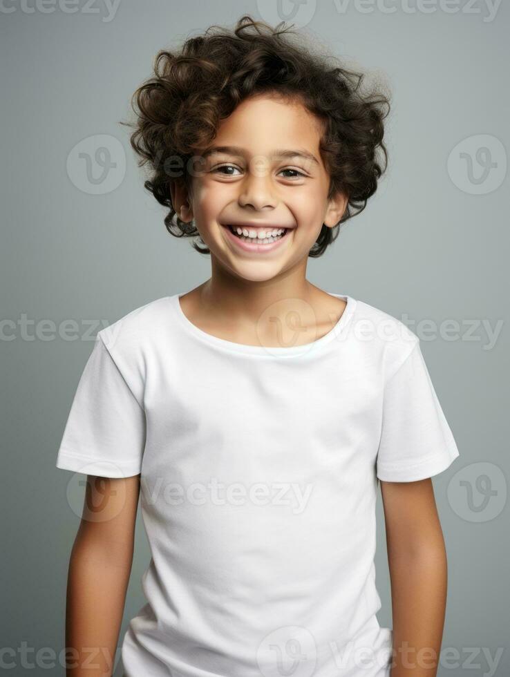 Happy Mexican kid in casual clothing against a neutral background AI Generative photo