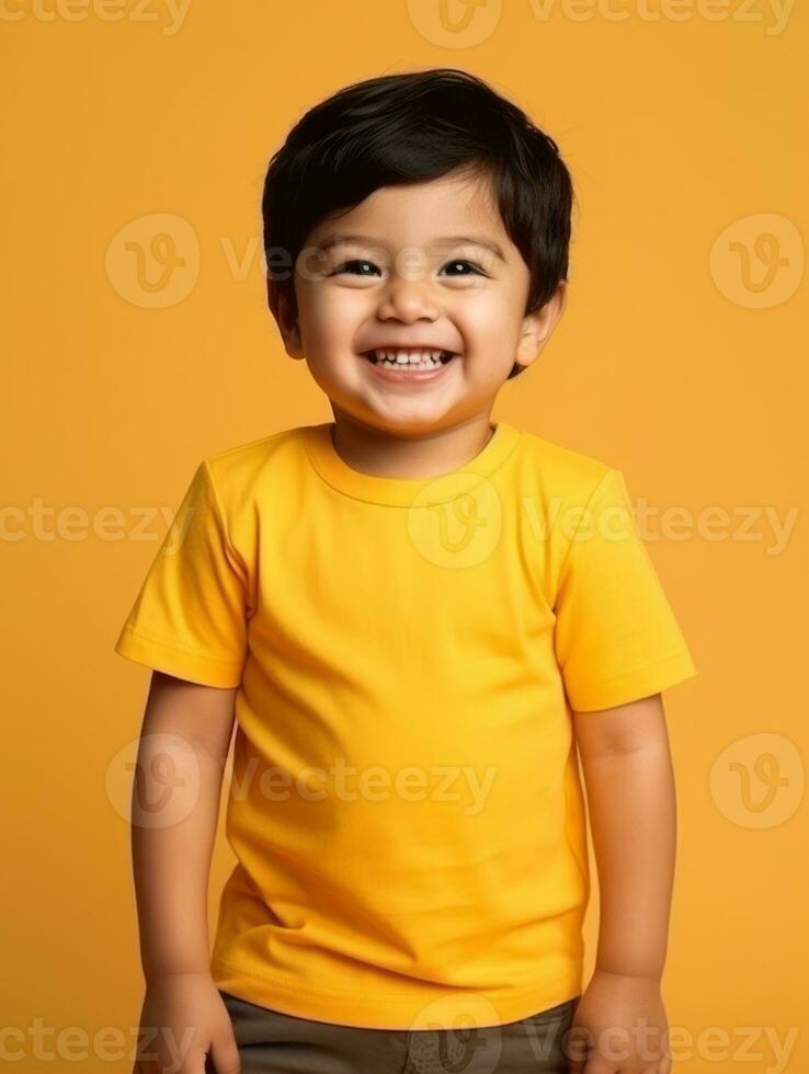 Happy Mexican kid in casual clothing against a neutral background AI Generative photo