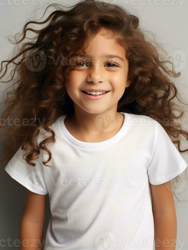 Happy Mexican kid in casual clothing against a neutral background AI Generative photo
