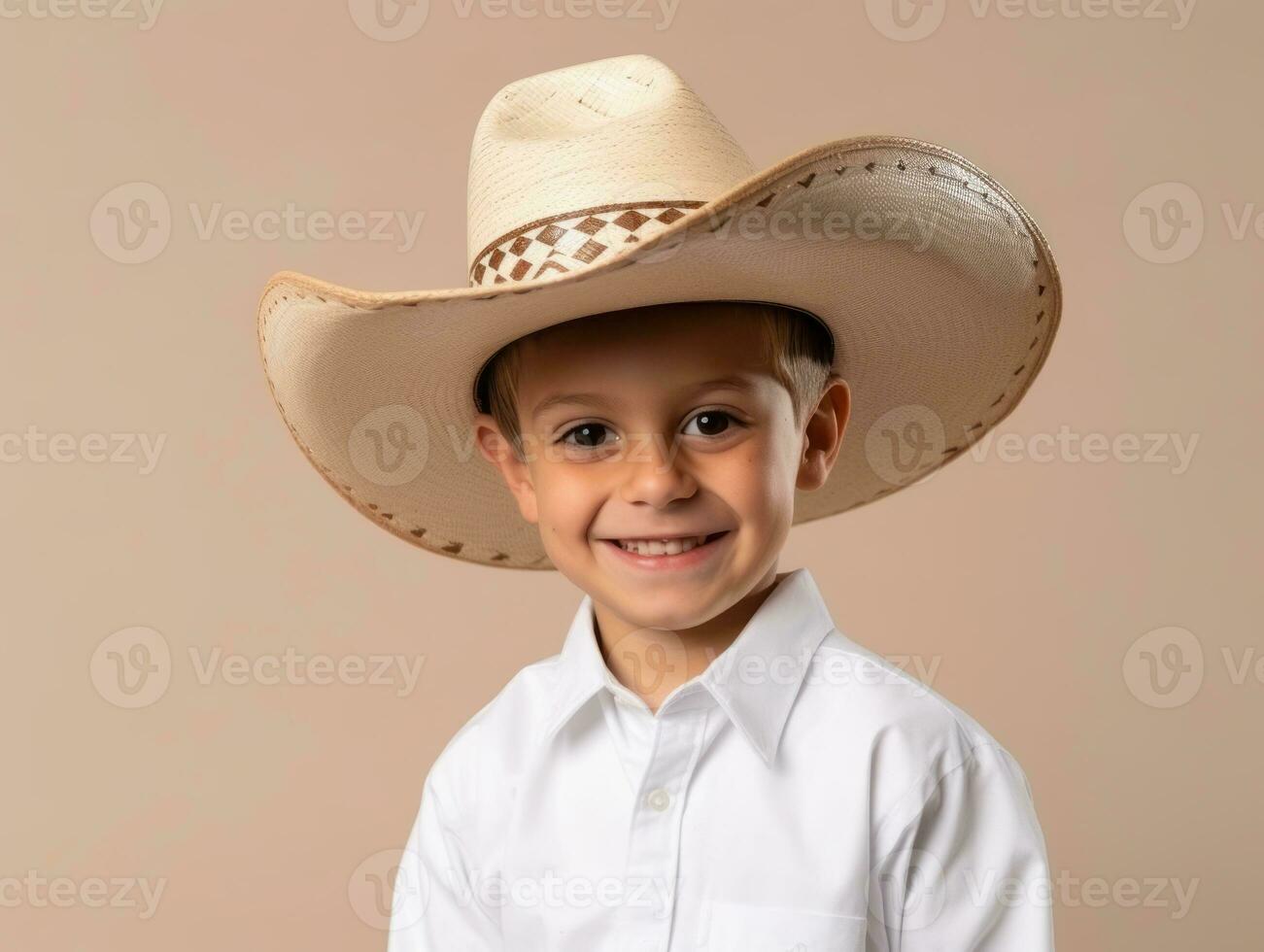 Happy Mexican kid in casual clothing against a neutral background AI Generative photo