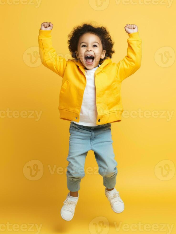 Happy Mexican kid in casual clothing against a neutral background AI Generative photo