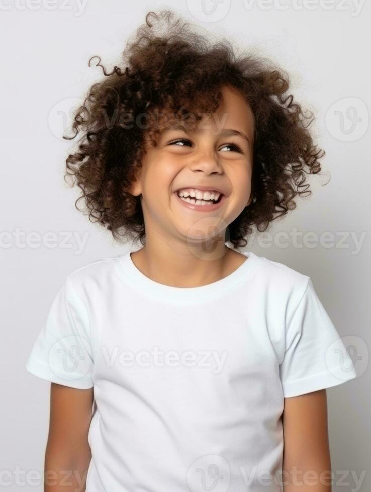 Happy Mexican kid in casual clothing against a neutral background AI Generative photo