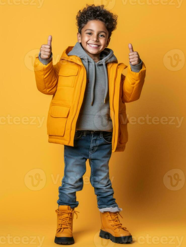 Happy Mexican kid in casual clothing against a neutral background AI Generative photo