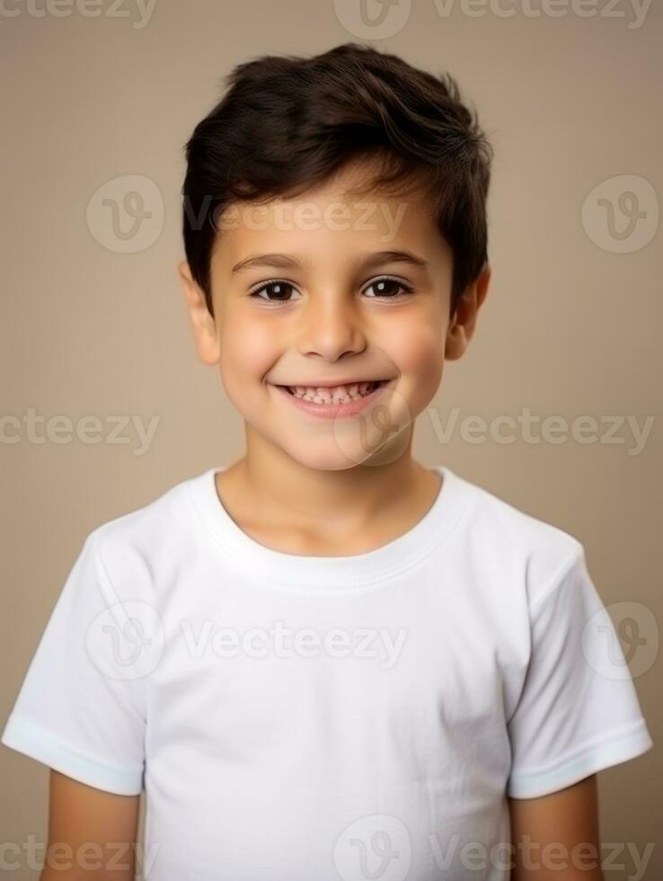 Happy Mexican kid in casual clothing against a neutral background AI Generative photo