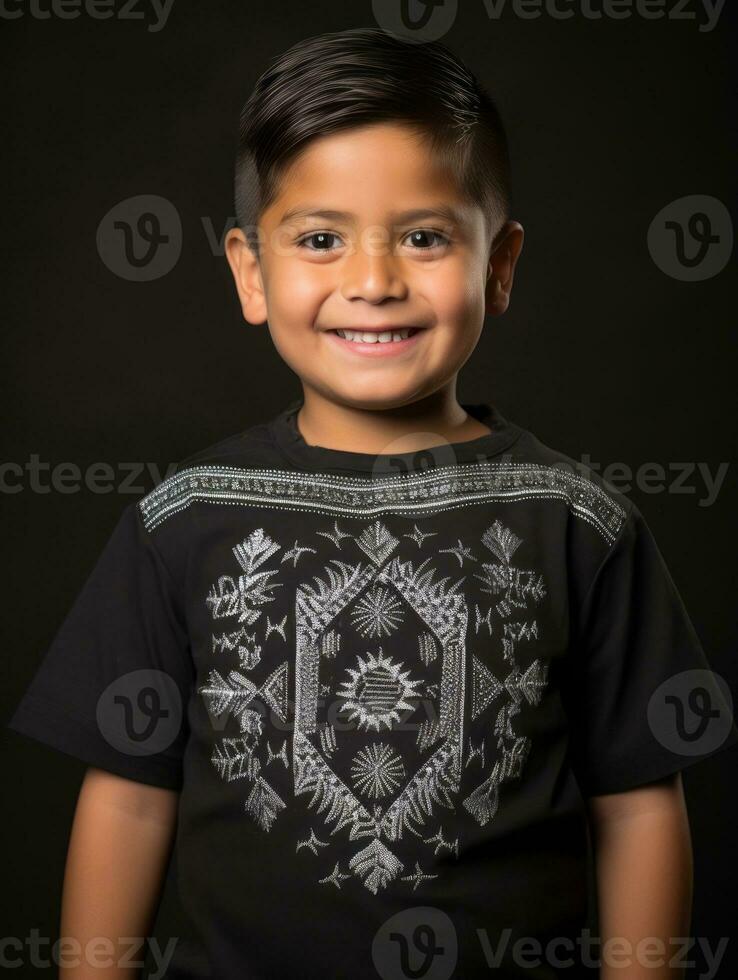 Happy Mexican kid in casual clothing against a neutral background AI Generative photo