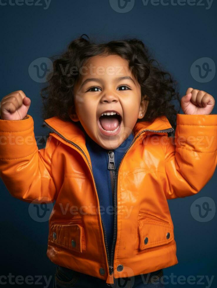 Happy Mexican kid in casual clothing against a neutral background AI Generative photo