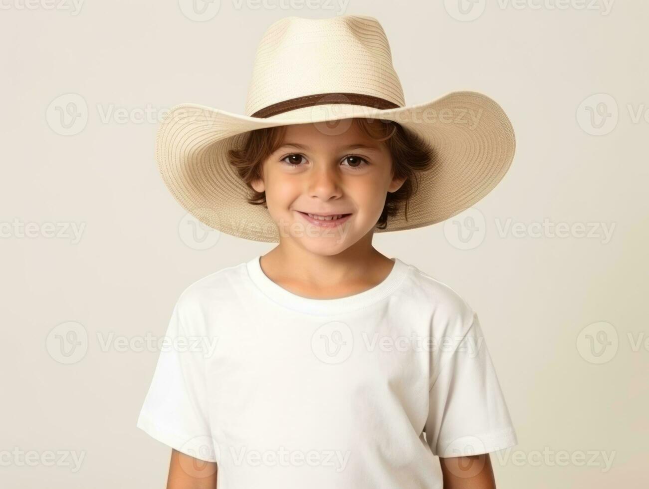 Happy Mexican kid in casual clothing against a neutral background AI Generative photo