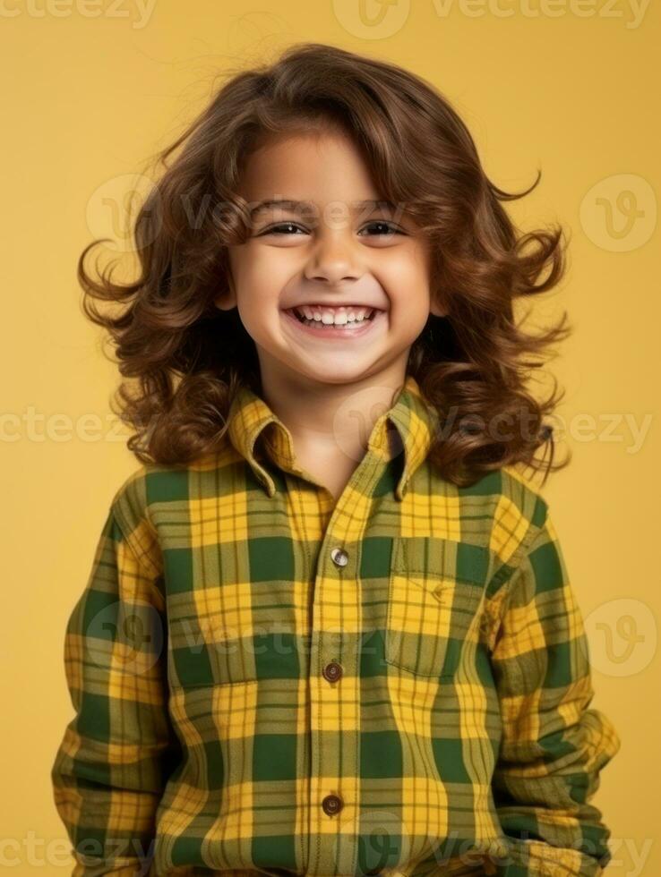 Happy Mexican kid in casual clothing against a neutral background AI Generative photo