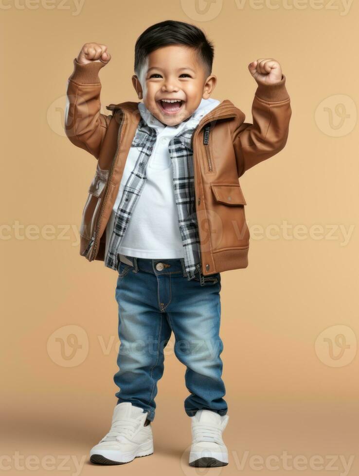 Happy Mexican kid in casual clothing against a neutral background AI Generative photo