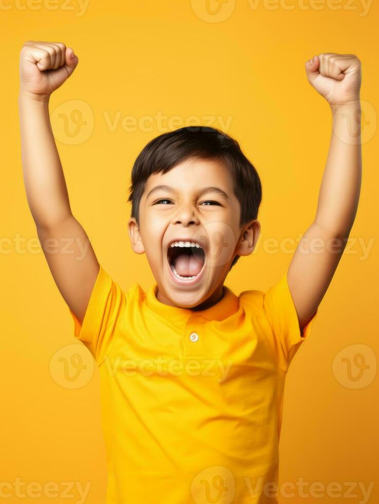 Happy Mexican kid in casual clothing against a neutral background AI Generative photo