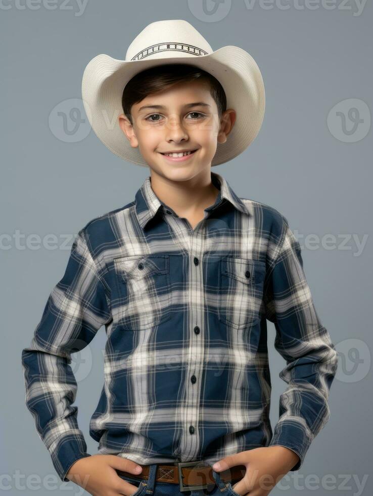 Happy Mexican kid in casual clothing against a neutral background AI Generative photo