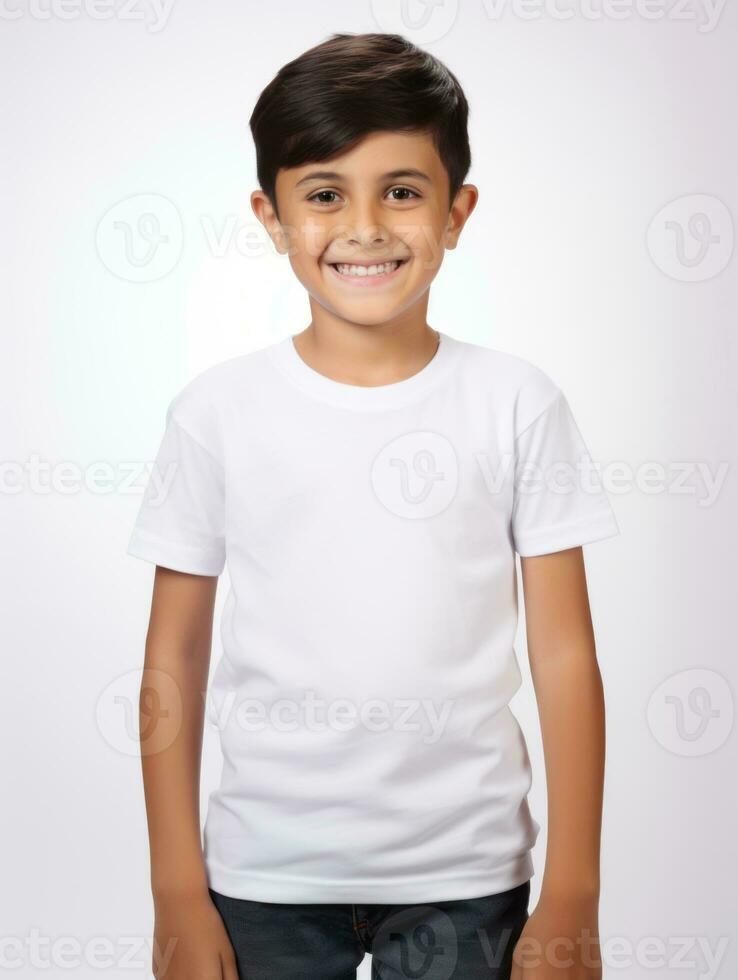 Happy Mexican kid in casual clothing against a neutral background AI Generative photo