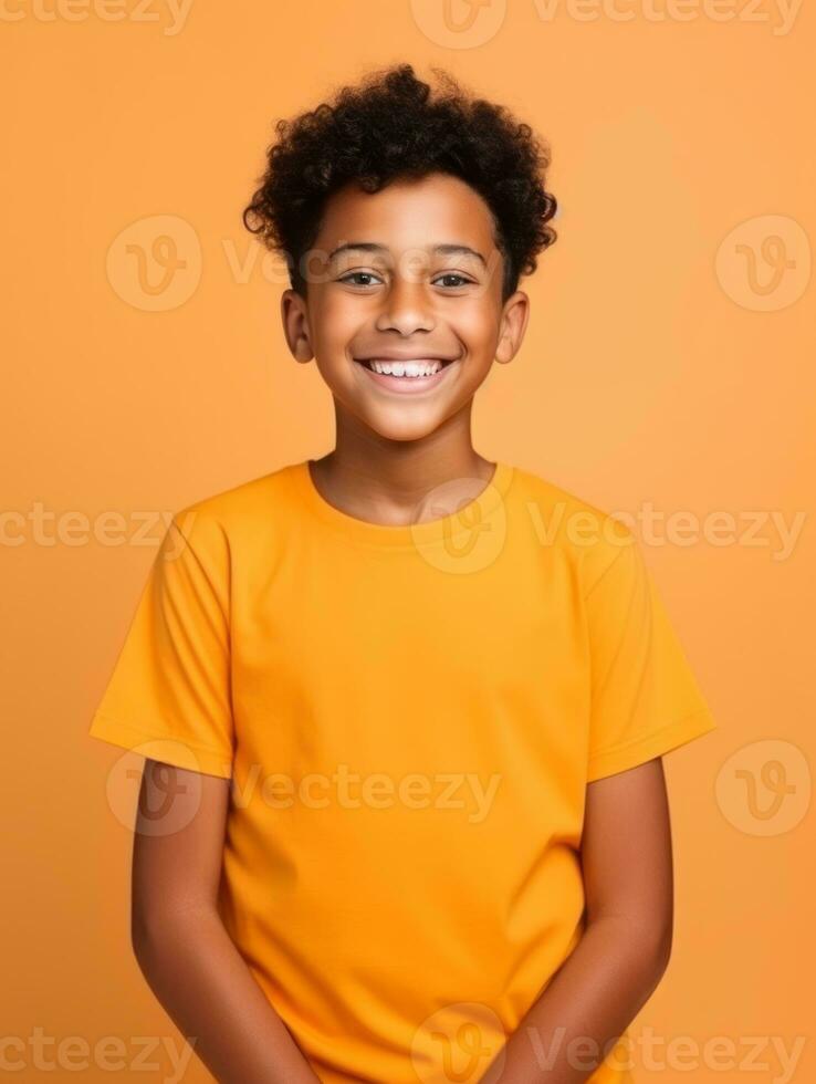 Happy Mexican kid in casual clothing against a neutral background AI Generative photo