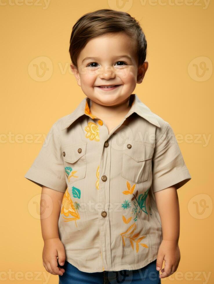 Happy Mexican kid in casual clothing against a neutral background AI Generative photo