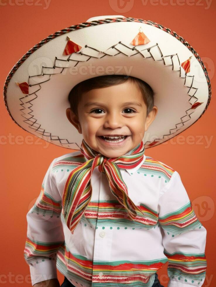 Happy Mexican kid in casual clothing against a neutral background AI Generative photo