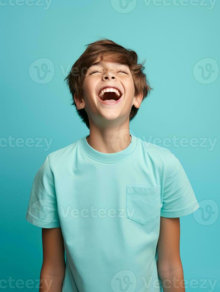 Happy Mexican kid in casual clothing against a neutral background AI Generative photo