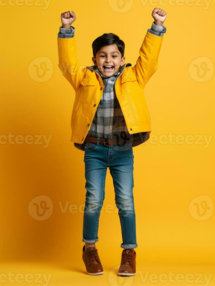 Happy Mexican kid in casual clothing against a neutral background AI Generative photo