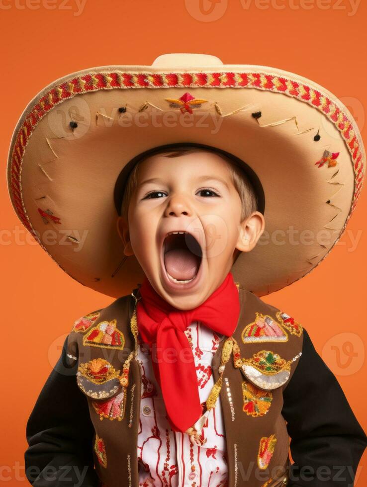 Happy Mexican kid in casual clothing against a neutral background AI Generative photo