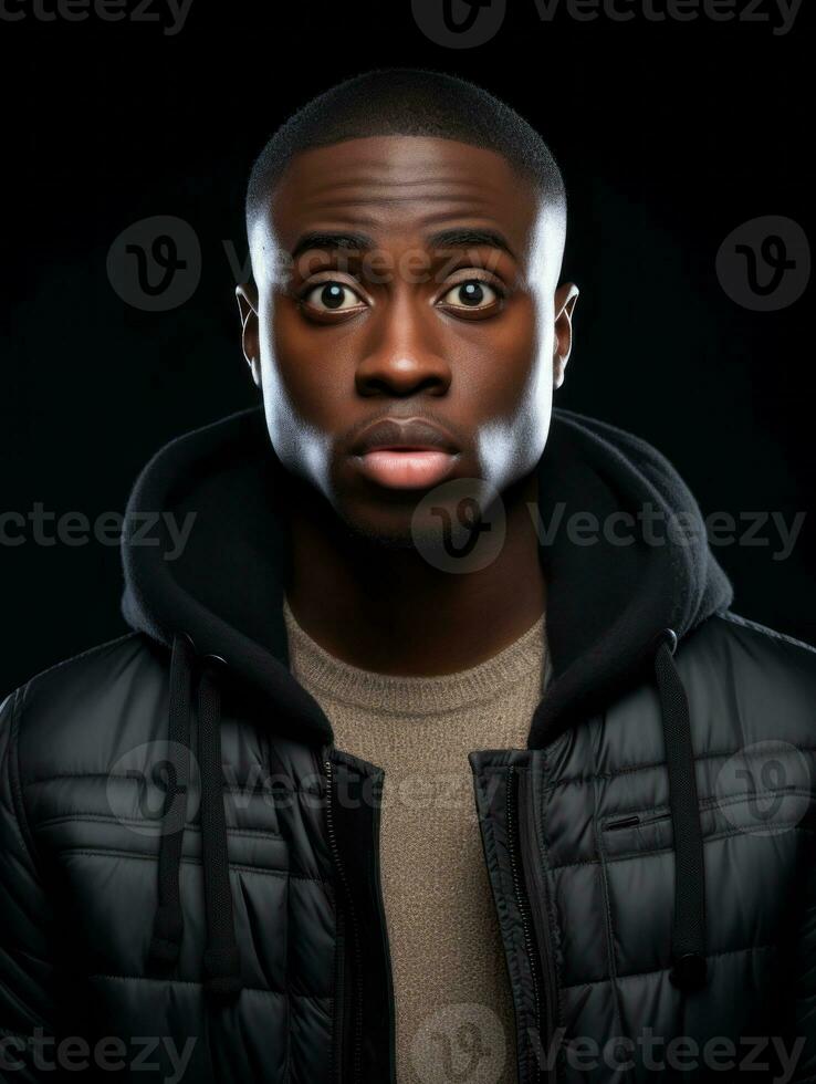 Young man with African features who appears to be shoched AI Generative photo