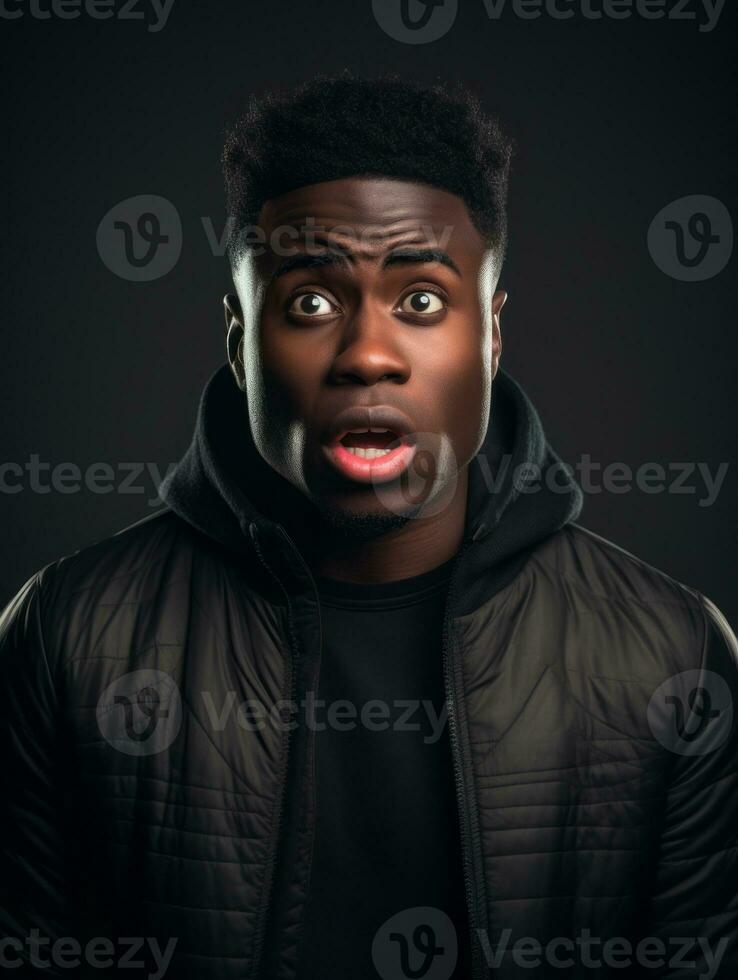Young man with African features who appears to be shoched AI Generative photo