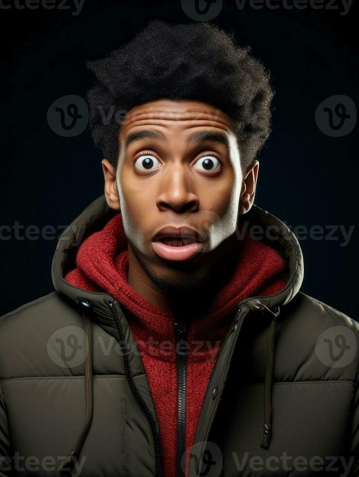 Young man with African features who appears to be shoched AI Generative photo