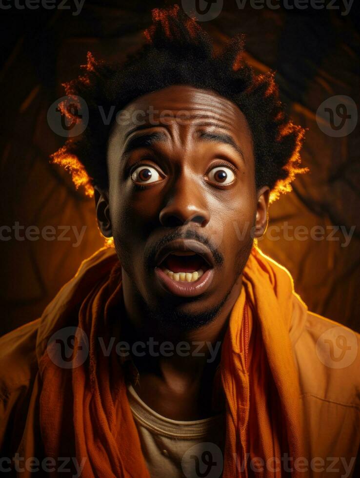 Young man with African features who appears to be shoched AI Generative photo