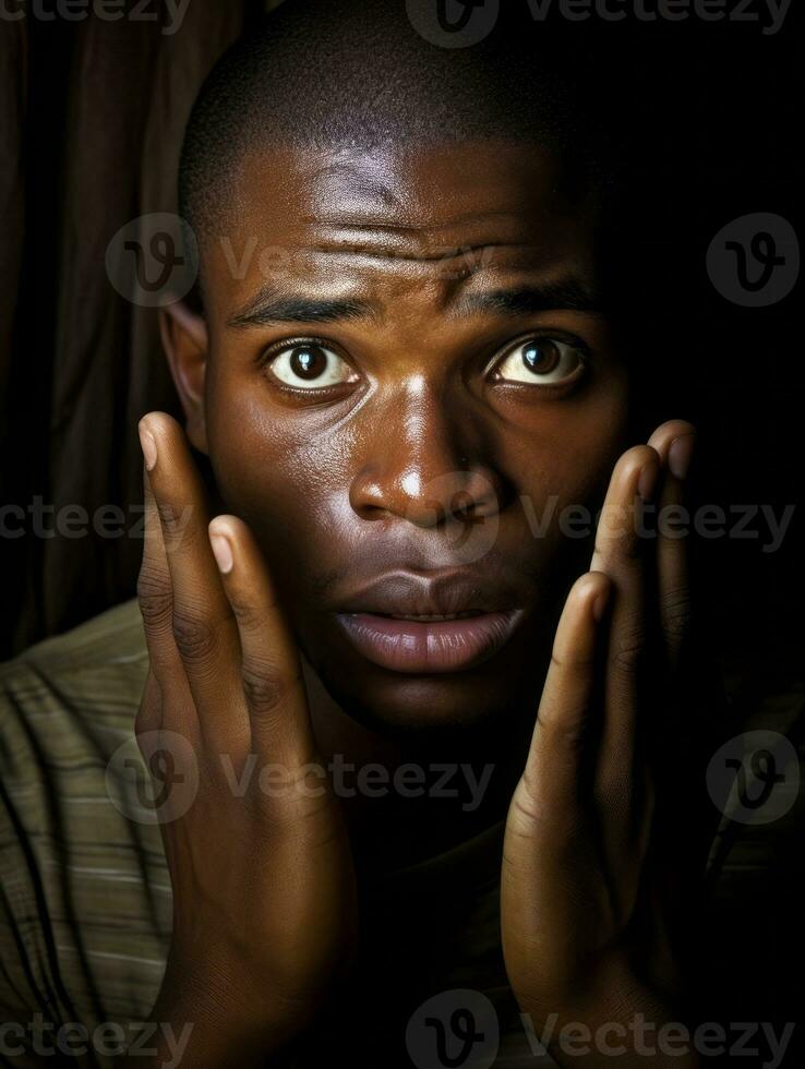 Young man with African features who appears to be shoched AI Generative photo